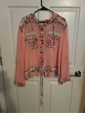 Pink Floral Crochet Hooded Cardigan